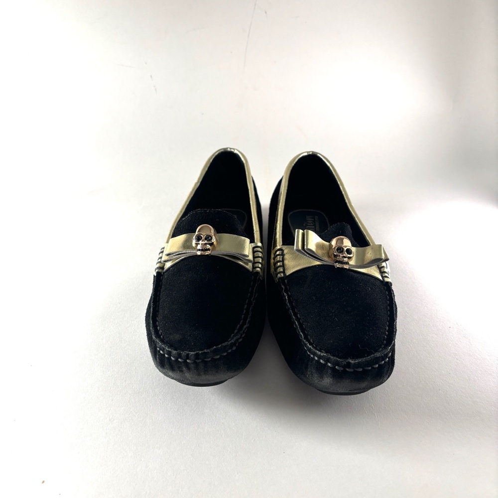 Alexander McQueen Black Suede Loafers with Gold Skull Accent